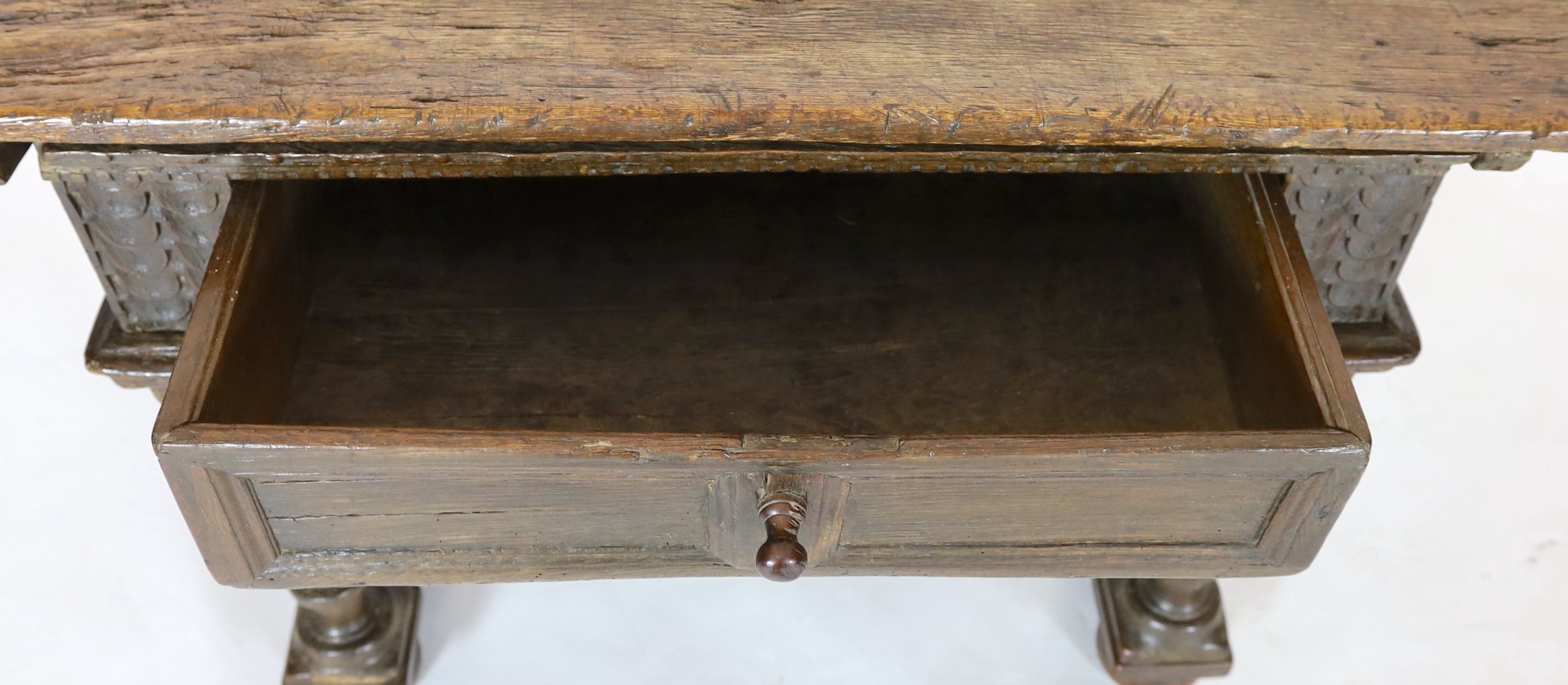 A late 17th century Dutch oak side table, width 132cm, depth 65cm, height 79cm